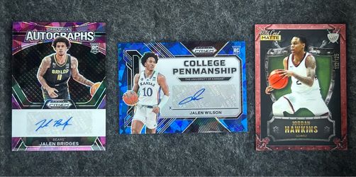 Lot of 3 Basketball Rookies with Serial Numbers or Autographs or Both! Mint Condition. Jalen Wilson,  Jalen Bridges & Jordan Hawkins