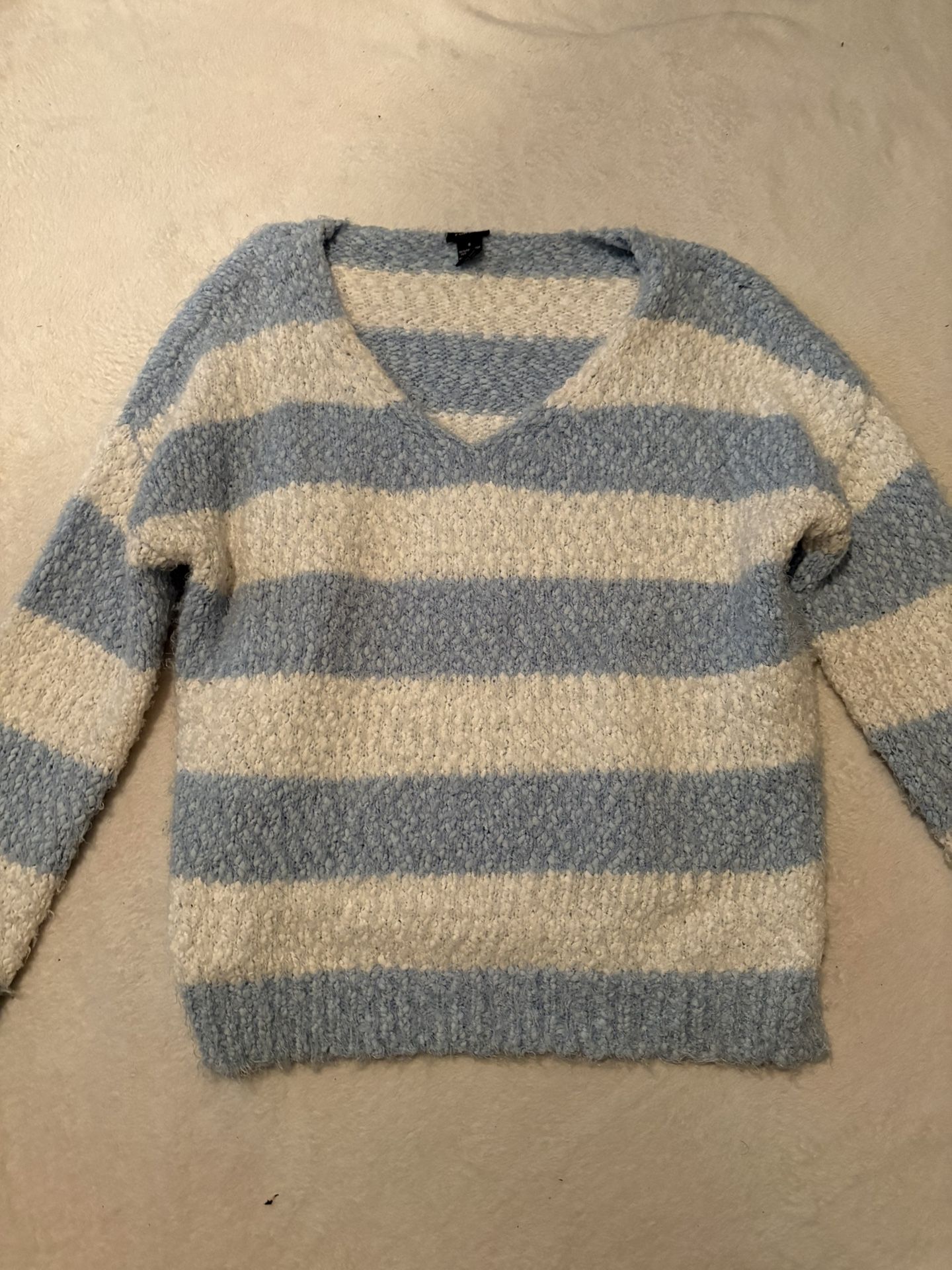Blue and White Striped V-Neck Sweater
