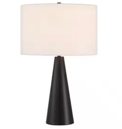 Keefer 25.39 in. Flat Black Finish Contemporary Pillar Standard Bulb Table Lamp w/ Black Steel Base White Linen Shade
