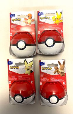 4- New Mattel Pokémon Pokeball Mega Evergreen Set , Pikachu , Pichu , Eevee , Charmander