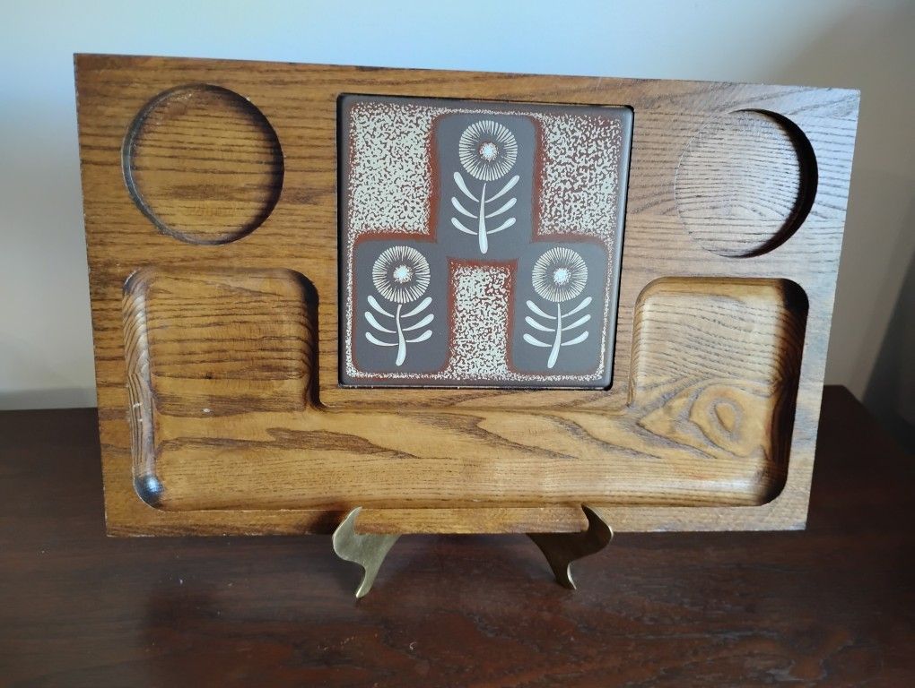 Vtg MCM 1970s Oak Hardwood Charcuterie Board w/ Floral Dandelion Tile Art