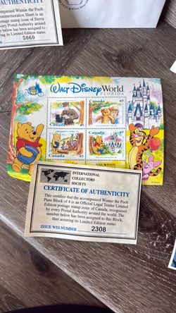 Vintage Disney Winnie the Pooh Stamp Collection Lot – 6 Limited Edition Sheets + COA