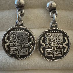 Mexico Sterling Silver Round Tribal Design Dangle Earrings 