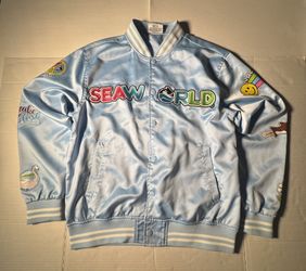 Pre Owned Good Last 7 Photos  I have not tried to remove marks SeaWorld  Varsity Bomber Jacket  Satin Embroidered  Printed Light Blue White Unisex Adu
