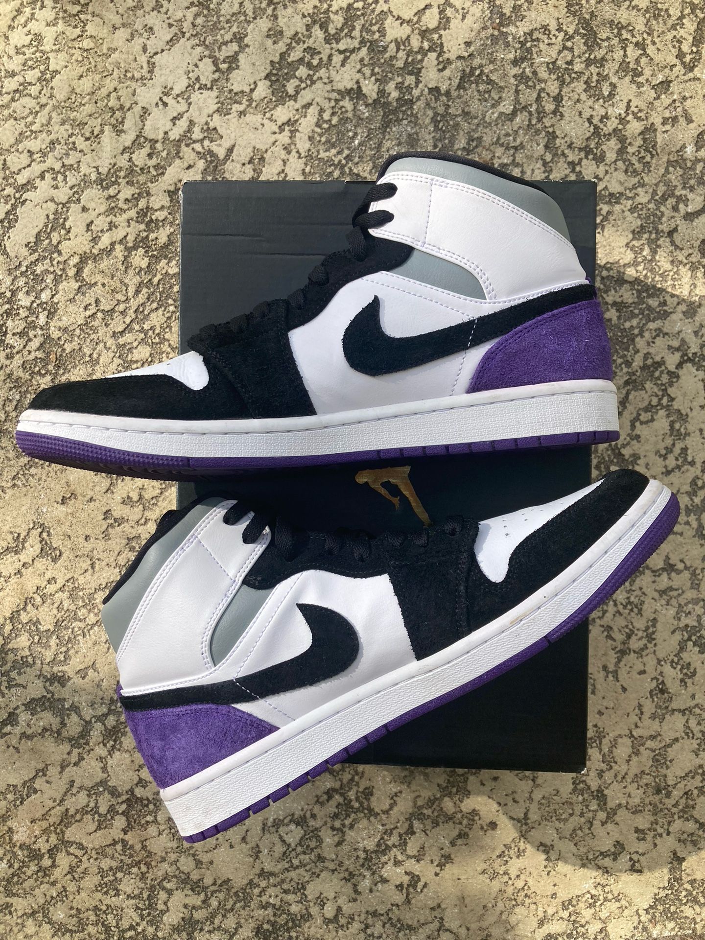 Slightly Worn Black And Purple Suede Air Jordan One Mid SE