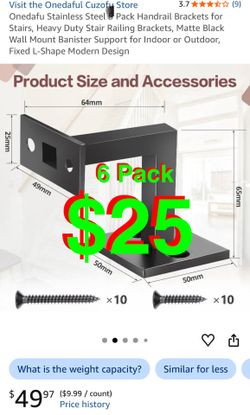 Onedafu Stainless Steel 6 Pack Handrail Brackets for Stairs, Heavy Duty Stair Railing Brackets, Matte Black Wall Mount Banister Support for Indoor or