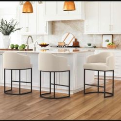 $40 each.   27" H Counter Height Bar Stools, Modern Barrel Counter Stools with Backrest and Arms, Black Metal Frames, Linen Fabric Upholstered Accent 