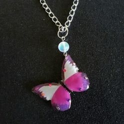 Pink and purple butterfly and mermaid glass bead pendant on 20" silver necklace