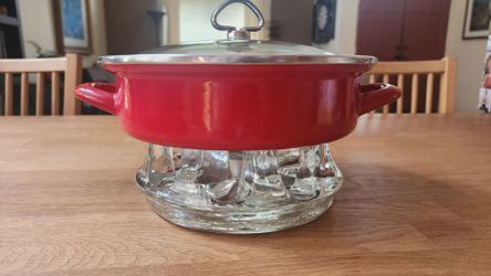 Unused Vintage Chantal Glass Warming Stand and Covered Pan