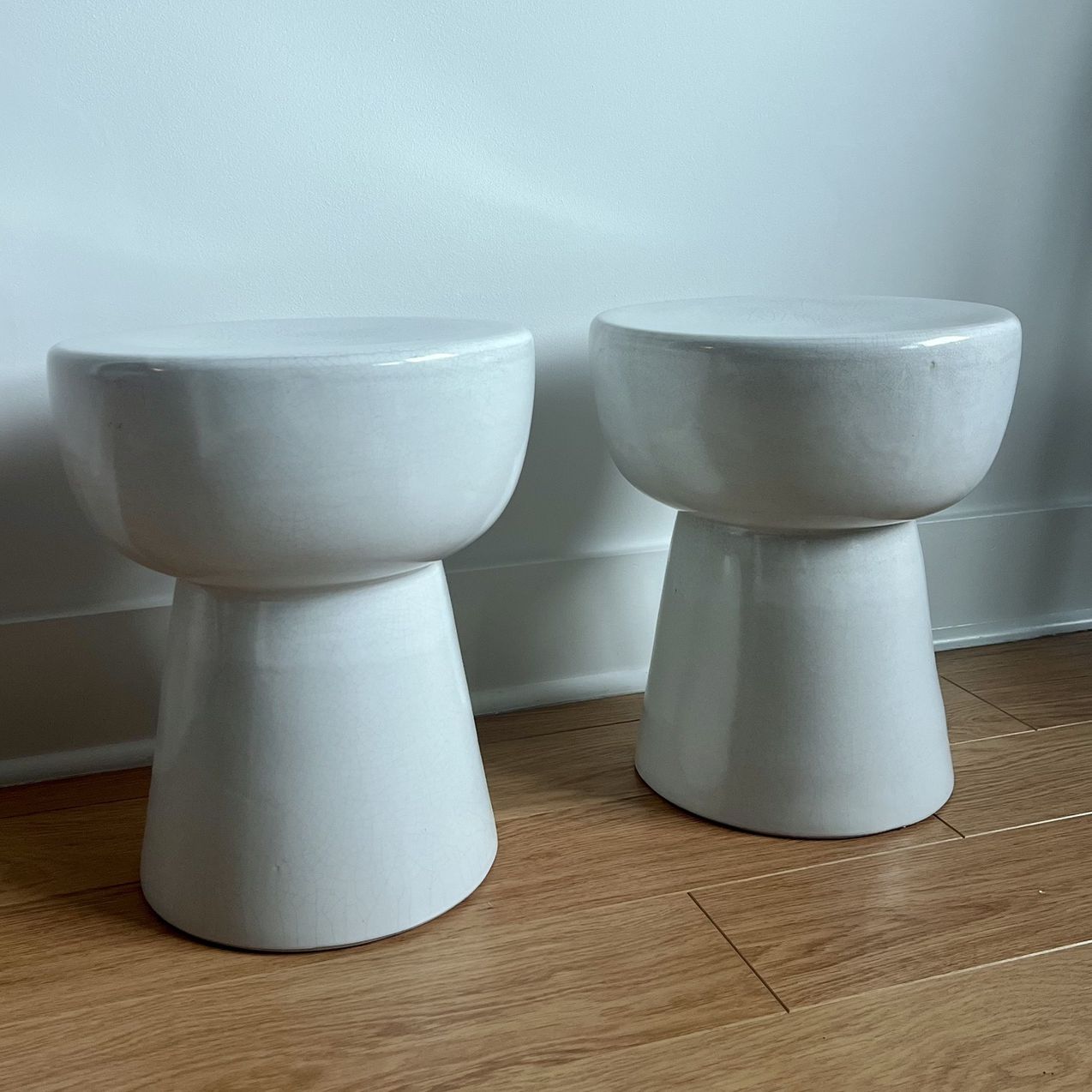 Pair Of White Ceramic Crackle Finish Stools / Side Tables