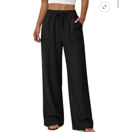 Fantaslook Linen Wide Leg Palazzo Pants for Women, Drawstring, Size L, Black - NEW - $18 OBO