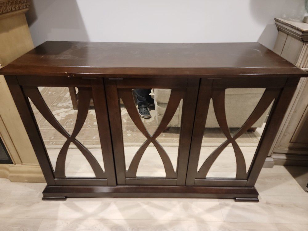 Brown Wood Mirrored 3 Door Chest Console Table