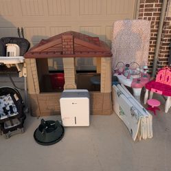 Free! Kids house, high chair, car seat, bouncer, crib mattress, play mat, humidifier, Xmas tree stand.