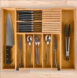 Silverware Organizer Expandable Bamboo Drawer Organizer with Non-Slip Stainless Steel Locking Clips