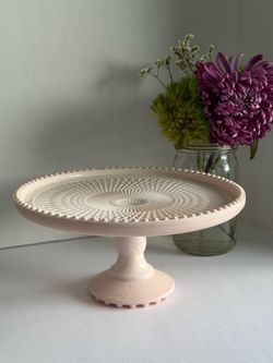 Vintage Jeannette Glass shell pink milk glass cake stand