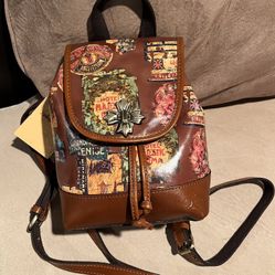 NWT Patricia Nash Saracena Vintage Travel Sticker Brown Tan Leather Backpack Handbag