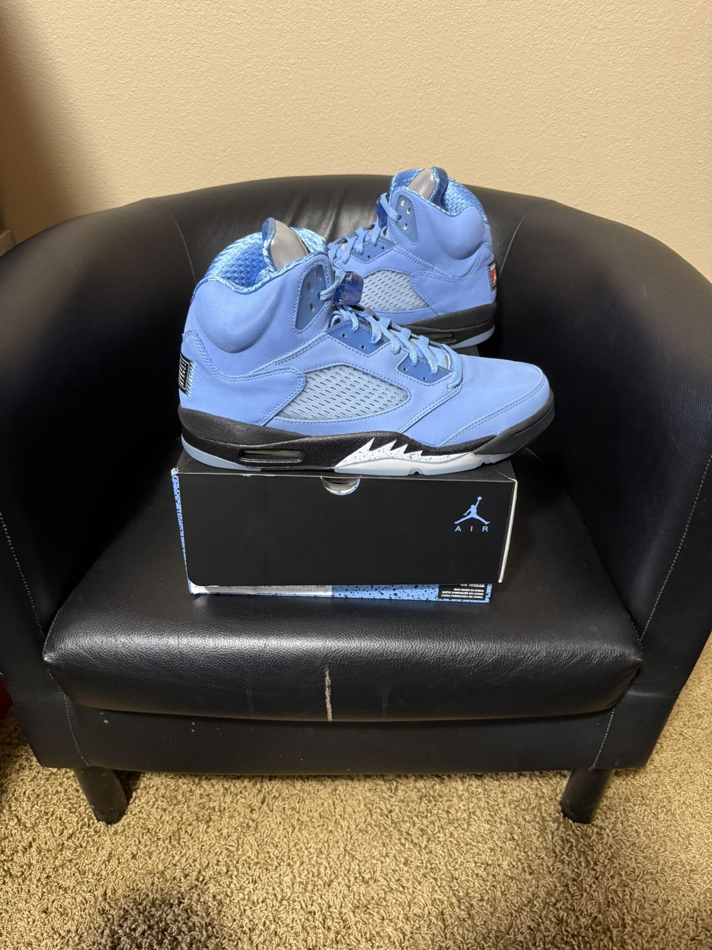 Brand new Air Jordan University blue 5’s sizes 12 with original box and proof of purchase.