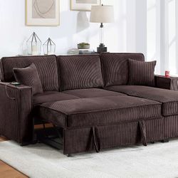 👑 Sectional Sofa Bed Reversible,  Chocolate Color, Corduroy Fabric, New in the Box.