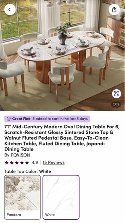 71" Mid-Century Modern Oval Dining Table For 6, Scrotch-Resistant Glossy Sintered Stone Top & Walnut Fluted Pedestal Base, Easy-To-Clean Kitchen Table
