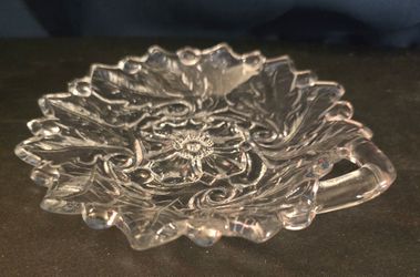 Vintage 6.5" Indiana Glass "Wild Rose" Clear Handled Nappy / Candy Dish