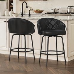 26" Leather Counter Height Bar Stools Set of 2, 360° Swivel Upholstered Barstools with Backs and Metal Legs, Modern Bar Chairs for Kitchen Island, Bla