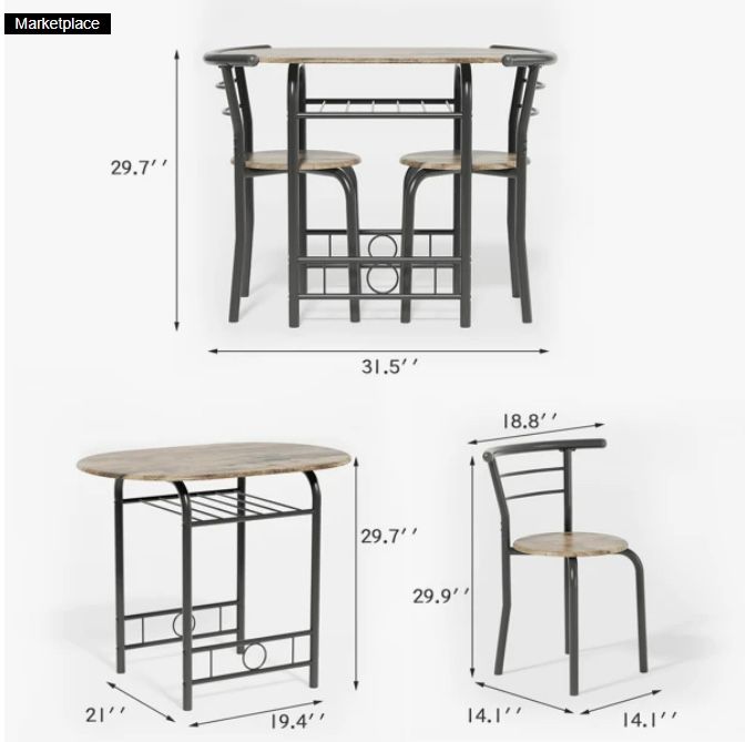 Furmax 3 Piece Wood Round Table & Chair Set For Dining Room Kitchen Bar Breakfast, With Wine Storage Rack, Space Saving