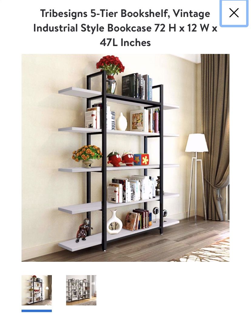 (NEW) 5-Tier Bookshelf, Vintage Industrial Style Bookcase 72 H x 12 W x 47L Inches