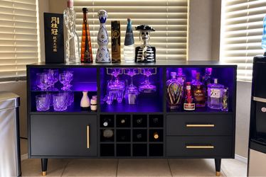 Modern Black & Gold Bar with LED Lights, Wine Rack & USB Outlets