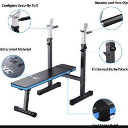 Weight Bench with Barbell Rack Folding, Weight Lifting Bench with Dip Station for Home Gym, Strength Training Multiuse Workout Bench