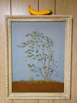 Mid Century Vintage Embroidery Crewel Wall Art 'Birch In The Wind' by Carol and Don Henning for Paragon
