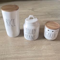 New- Rae Dunn Rice/Jelly Beans/Garlic Canisters Set