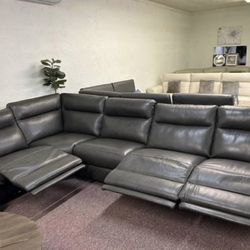 Furniture- 100% Real Top Grain Leather 5 Pc Sectional With 3 Power Recliners- Gabrine 