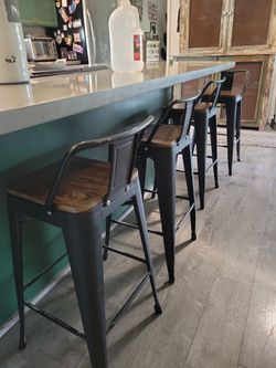Set of 4 Metal Bar Stools with Wood Seats