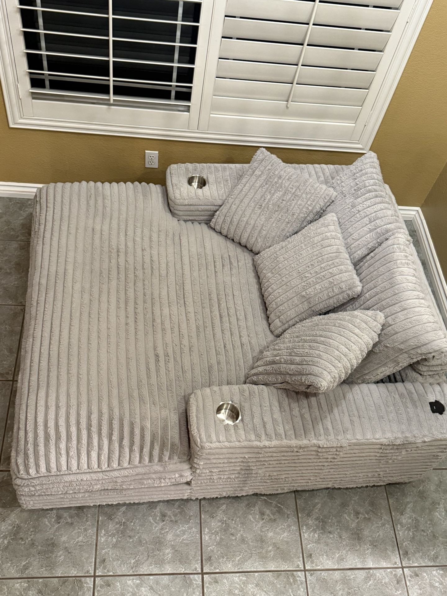Grey Oversized Floor Sofa with Cupholders