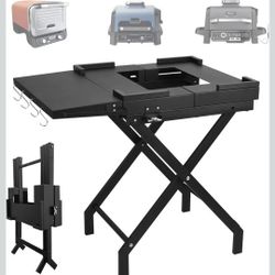 BSARTE Grill Table Folding Stand fit Ninja Woodfire Outdoor OG700, OG800 and OG900 Series Grills with Side Table & Tissue Holder, Metal Stand Solid an