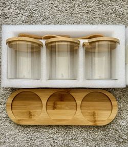A Set of 3 Condiment Glass Jars with Bamboo Lids, Spoons and Tray Food Storage Containers for Kitchen
