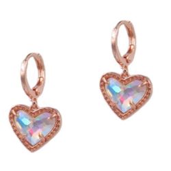 14k Rose Gold plated Iridescent Crystal Heart Hoop Dangle earrings
