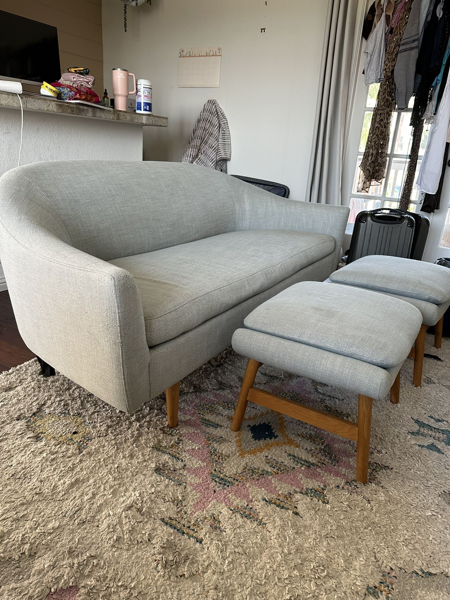 West Elm Gray Small Couch With 2 Stools
