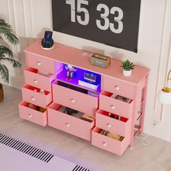 Dresser with Charging Station and LED Lights, Pink Dresser for Girls Bedroom, Bedroom Long Dresser TV Stand with 10 Drawers, Fabric Wide Dresser Stora
