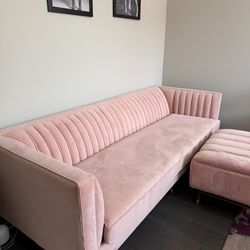 Joybird pink velvet couch & ottoman
