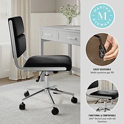 Martha Stewart Lulu Upholstered Office Chair, Black Armless Design, Faux Leather Upholstery, Polished Nickel Frame, 360° Swivel, Pneumatic Seat Height