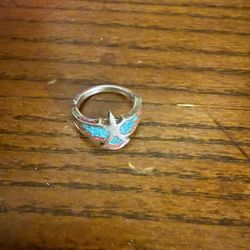 Turquoise Coral Inlayed Silver Phoenix ring (6.5 size women)