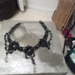 Ladies Black Faccked Style Beaded and 3 Clear Beads/Victorian chokerwith 3