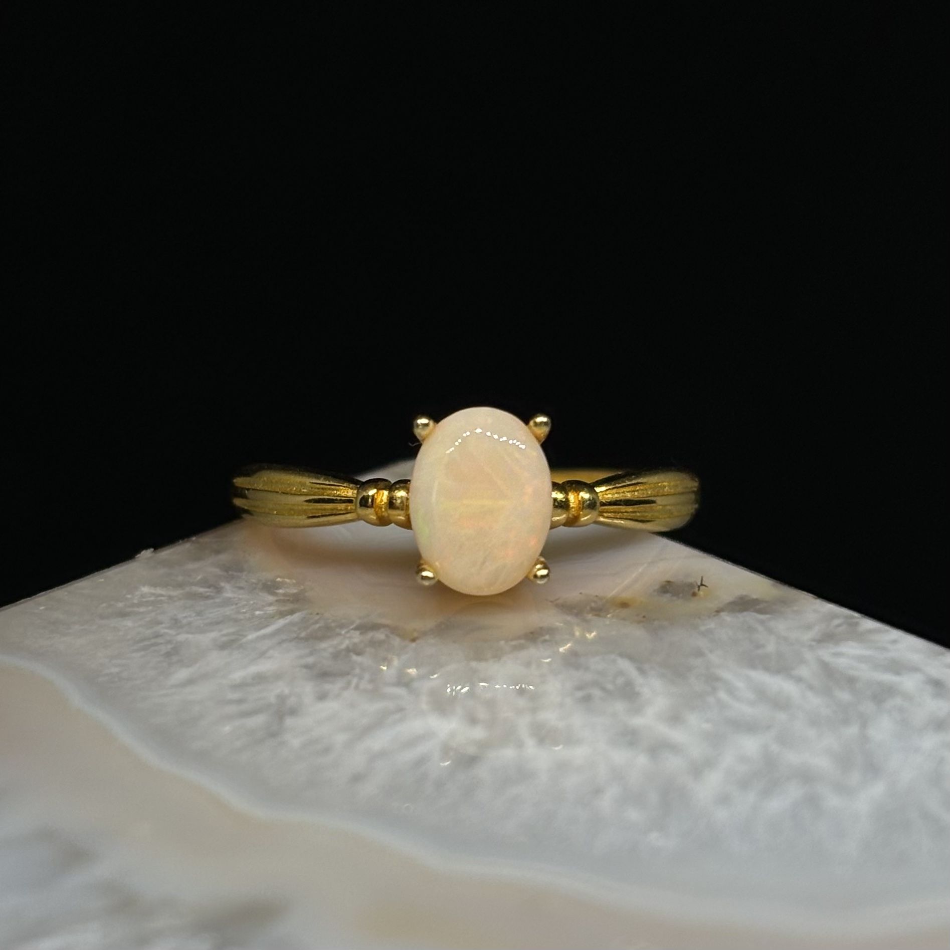 White Mezezo Broad Stripe Ethiopian Welo 18k Gold Adjustable Opal Handmade Ring