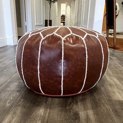 Moroccan Leather Pouf Ottoman – Brown Boho Floor Cushion Handmade Style