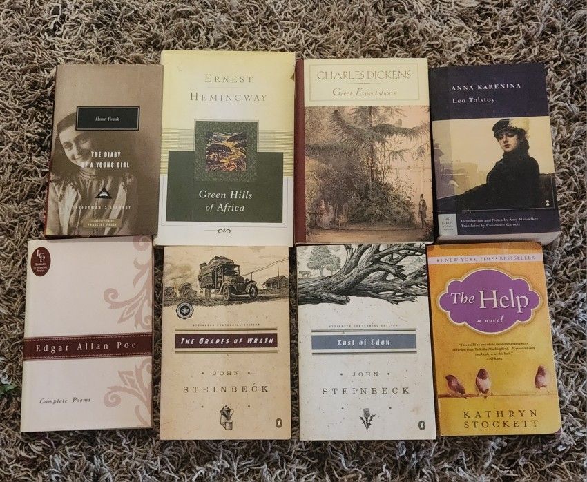 Nice Lot Of 8 Classic Novels / Books By Hemingway, Dickens, Steinbeck, Tolstoy Plus Poe Poetry