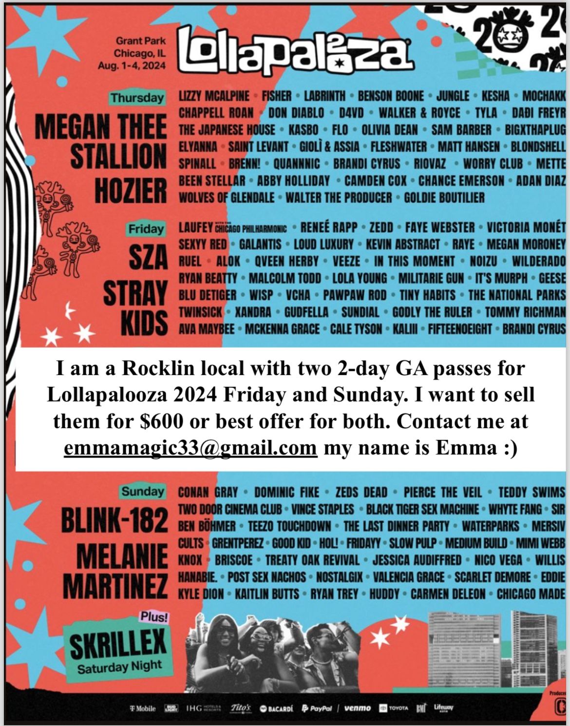 LOLLAPALOOZA 1 DAY GA PASSES