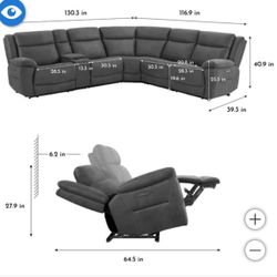 Fabric Sectional Couch, Power Foot And Head Rest, Costco Zachary, New 