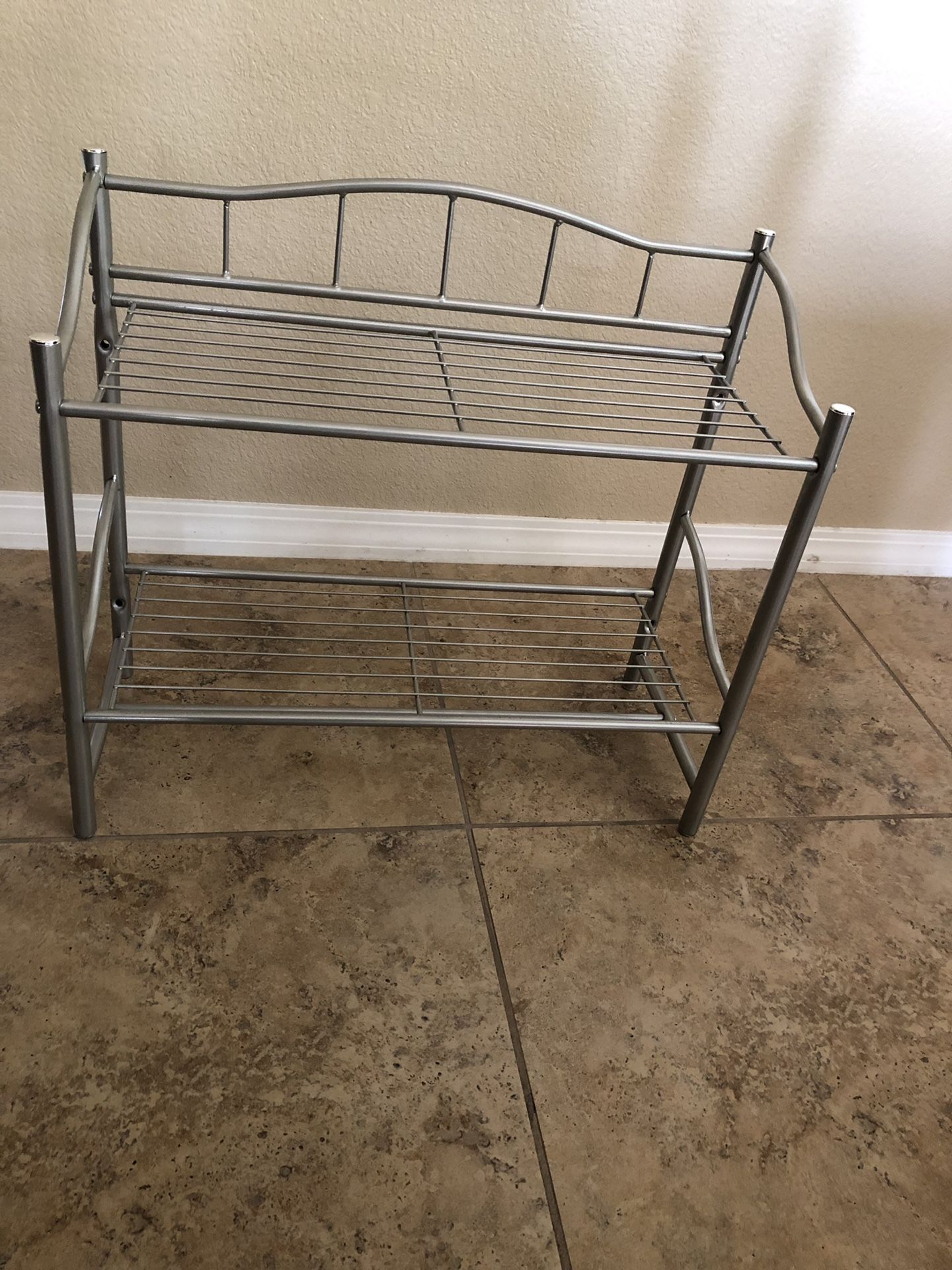 Two shelf and towel bar metal rack