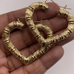 10K Gold Heart Bamboo Hoop Earrings